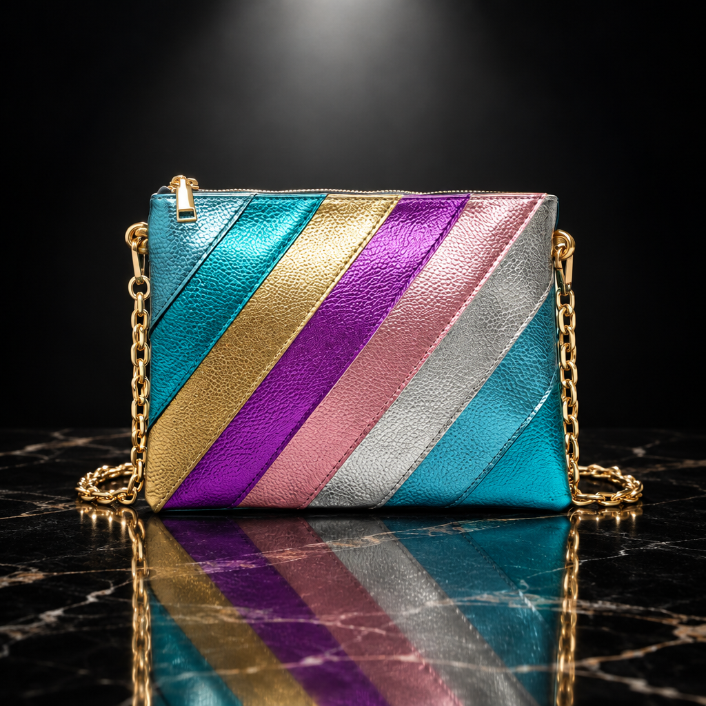 Metallic Stripe Square Clutch with Chain Strap