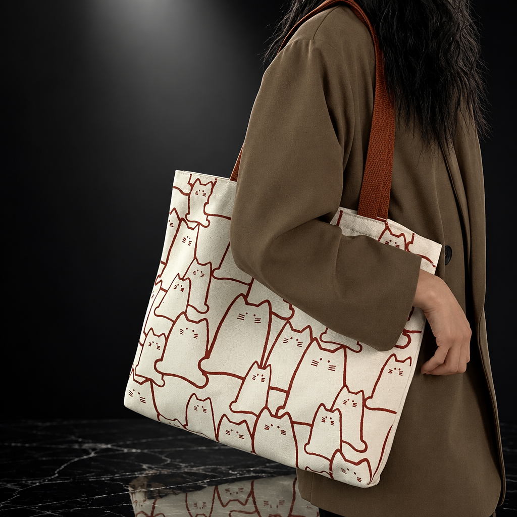 Canvas Cat Print Tote Bag with Zipper