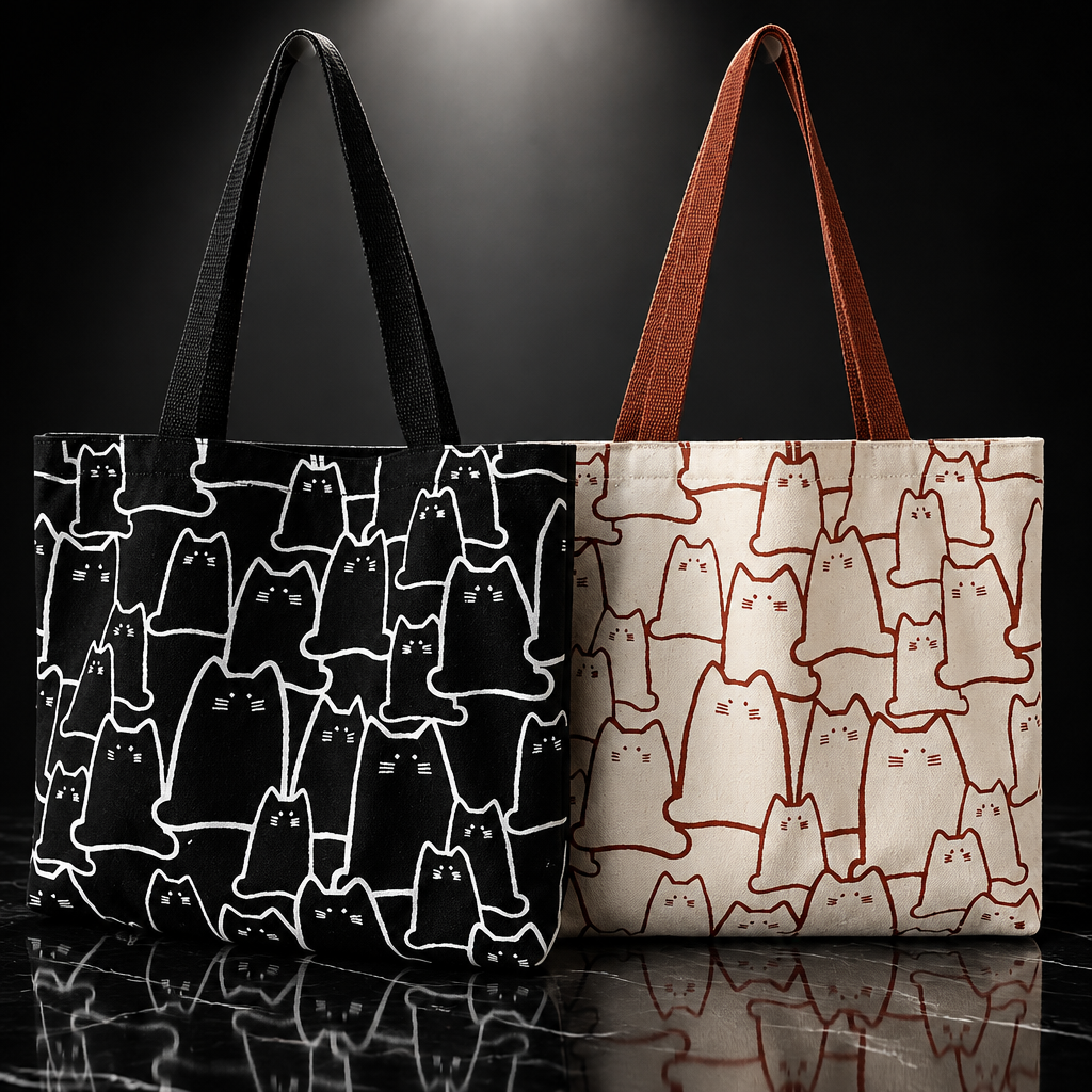 Canvas Cat Print Tote Bag with Zipper