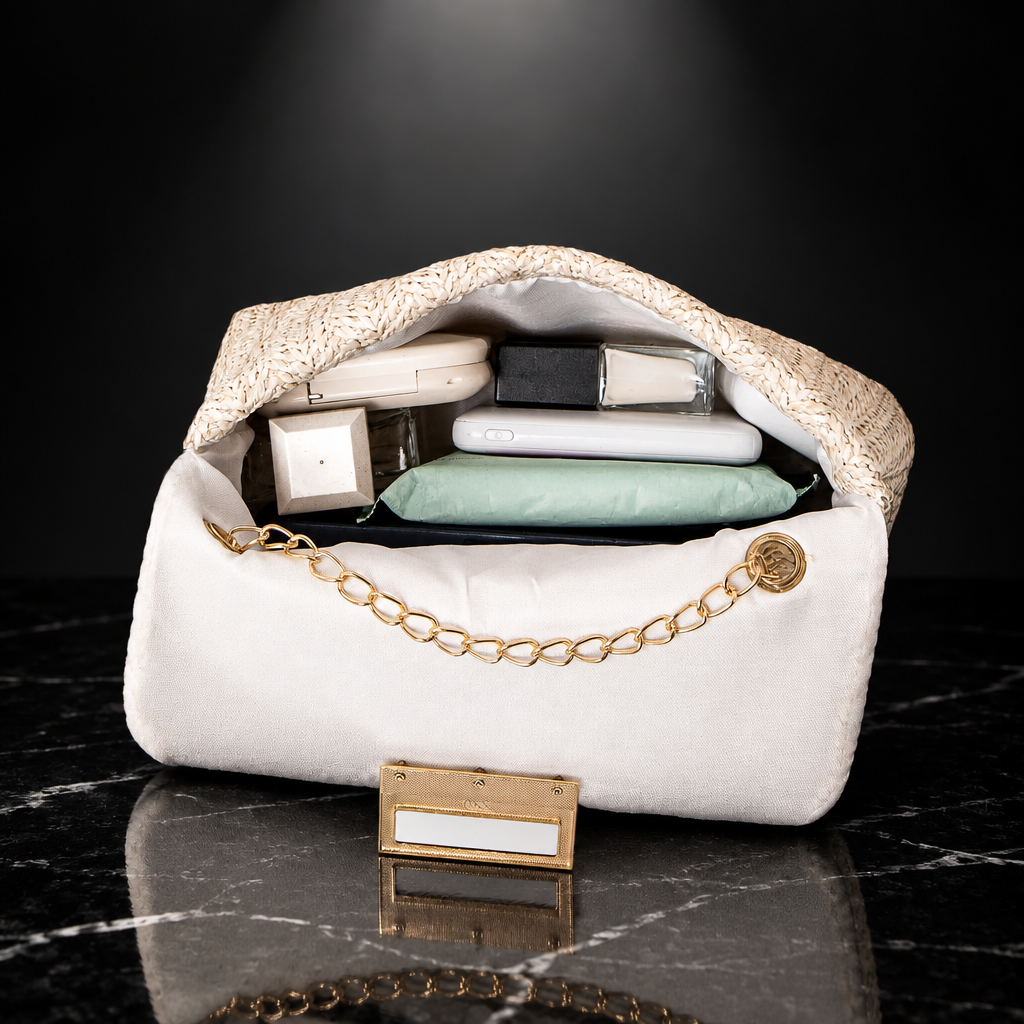 Woven Straw Evening Crossbody Bag with Chain Strap