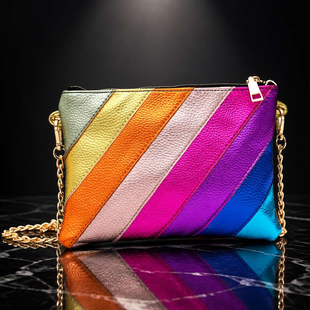 Metallic Stripe Square Clutch with Chain Strap