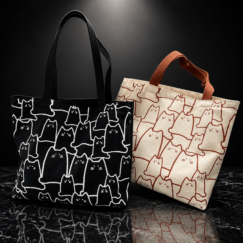 Canvas Cat Print Tote Bag with Zipper