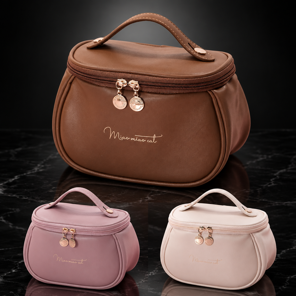 Oval Faux Leather Travel Makeup Bag