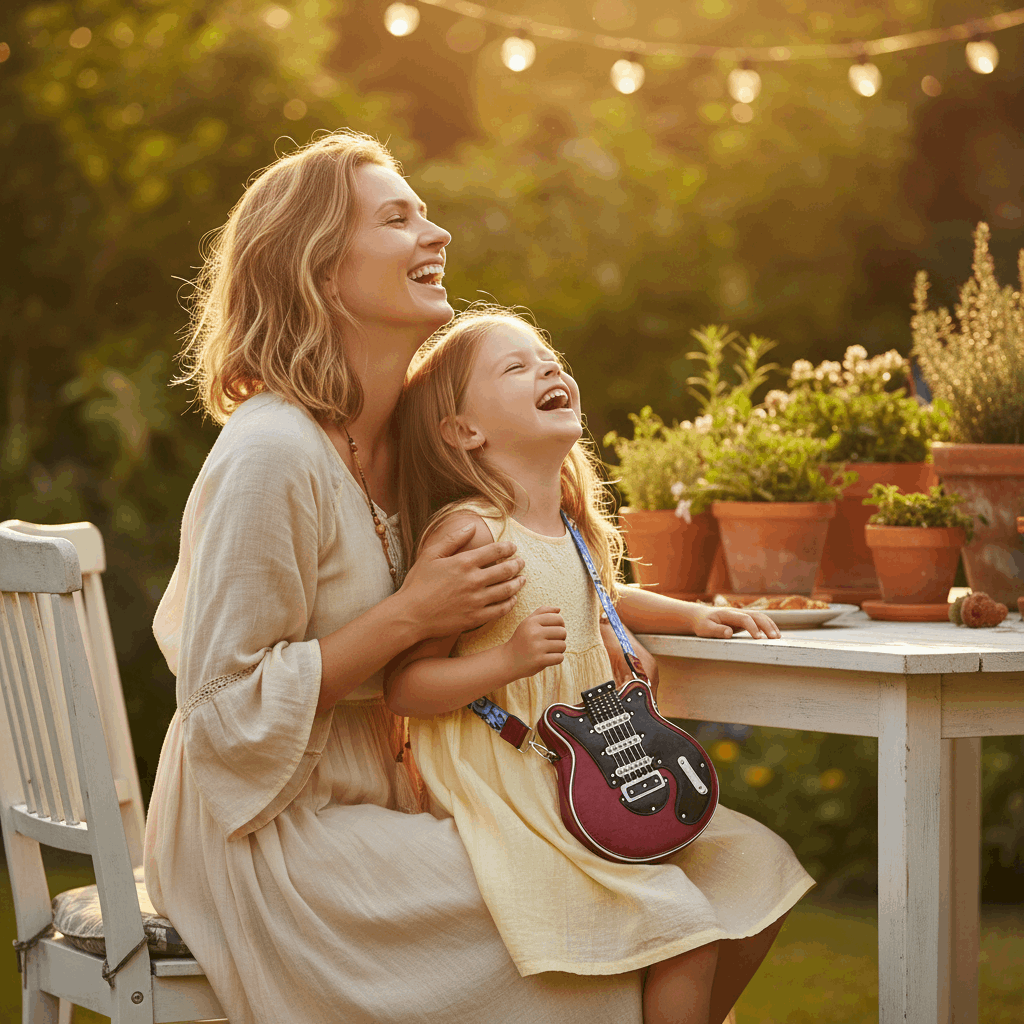 Mother and daughter laughing at the garden table with the guitar crossbody on the girl