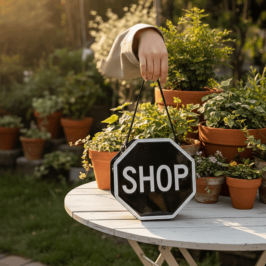 Red sign bag carried by hand among potted plants