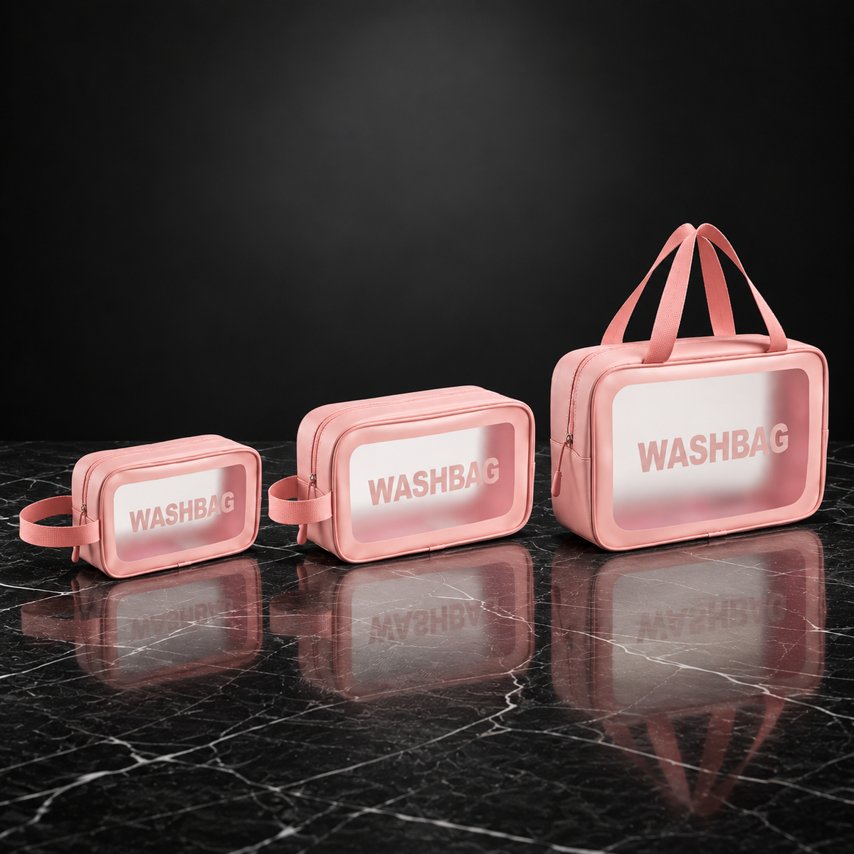 Wash bag shown in Small, Medium and Large sizes