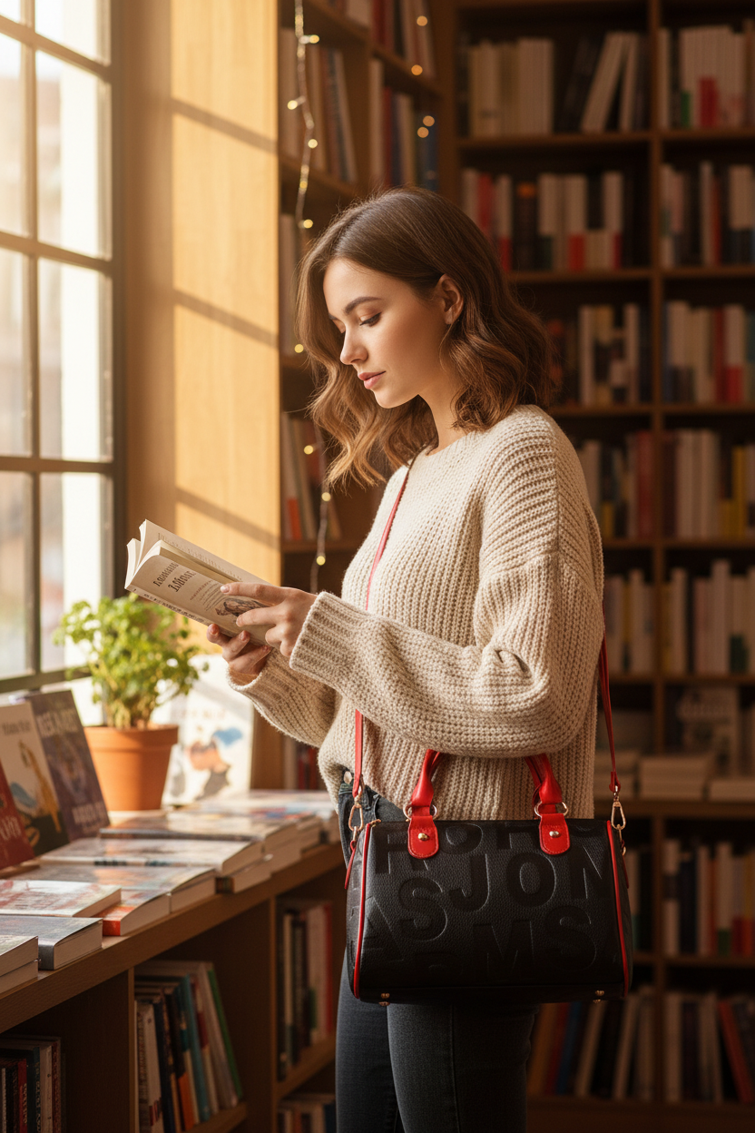 Tess crossbody bookstore lifestyle