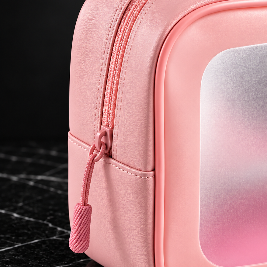 Close-up of zipper and pink trim