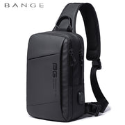 Side profile of the BANGE Casual Outdoor USB Backpack showing the external charging port and adjustable side straps.