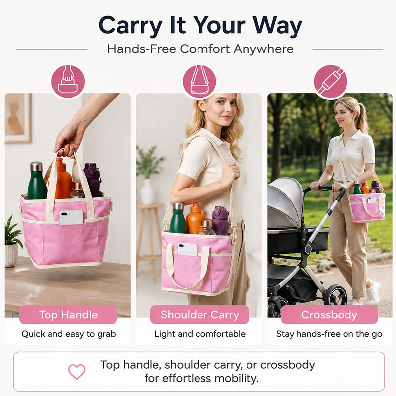 Side view of the 4-compartment leakproof drink carrier bag showing its durable fabric and reinforced handles.