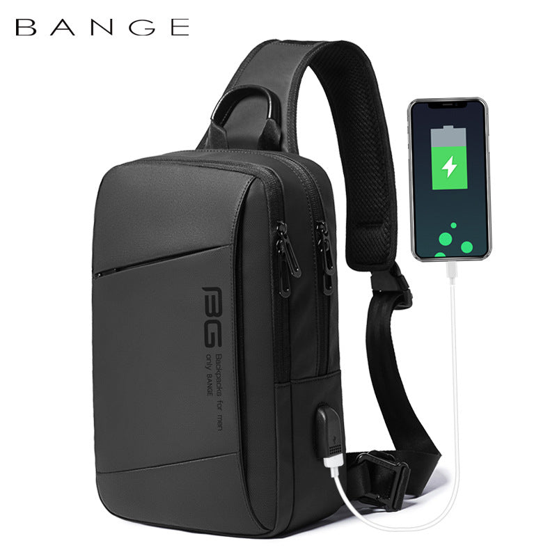 Side profile of the BANGE Casual Outdoor USB Backpack highlighting the external USB charging port and ergonomic design.