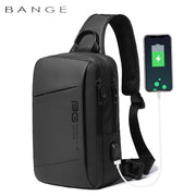 Side profile of the BANGE Casual Outdoor USB Backpack highlighting the external USB charging port and ergonomic design.