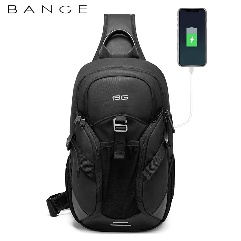 Side profile of a black BANGE USB Modern Travel Backpack highlighting the integrated charging port and breathable mesh back.