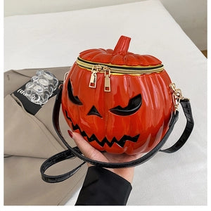 Pumpkin Shape Halloween Crossbody Bag Glossy Pvc Jack O Lantern Face Top Handle Handbag For Women