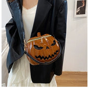 Pumpkin Shape Halloween Crossbody Bag Glossy Pvc Jack O Lantern Face Top Handle Handbag For Women