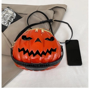 Pumpkin Shape Halloween Crossbody Bag Glossy Pvc Jack O Lantern Face Top Handle Handbag For Women