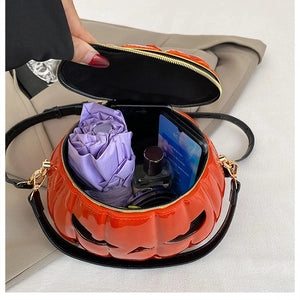 Pumpkin Shape Halloween Crossbody Bag Glossy Pvc Jack O Lantern Face Top Handle Handbag For Women