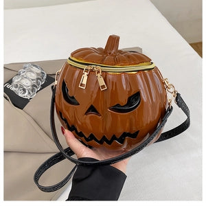 Pumpkin Shape Halloween Crossbody Bag Glossy Pvc Jack O Lantern Face Top Handle Handbag For Women
