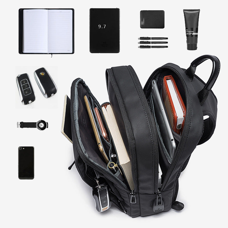 Side profile of the BANGE Casual Outdoor USB Backpack highlighting the external USB charging port and slim design.