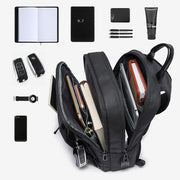 Side profile of the BANGE Casual Outdoor USB Backpack highlighting the external USB charging port and slim design.