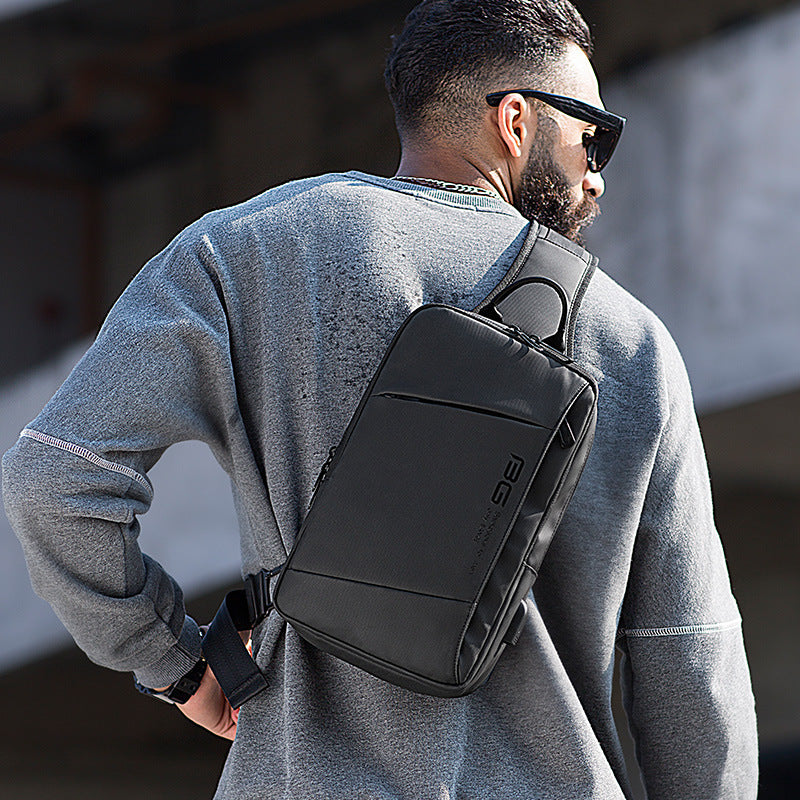 Side profile of the BANGE Casual Outdoor USB Backpack highlighting the external charging port and durable fabric.