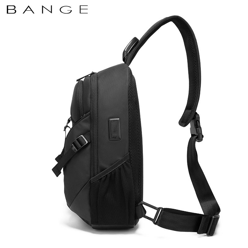 Side profile of the BANGE USB Modern Travel Backpack highlighting the external USB charging port and sleek design.