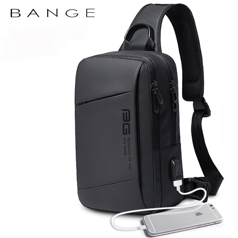 {"alt_text": "Side view of the BANGE Casual Outdoor USB Backpack showing the integrated USB charging port and breathable mes