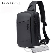 {"alt_text": "Side view of the BANGE Casual Outdoor USB Backpack showing the integrated USB charging port and breathable mes