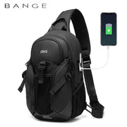 Side angle of the BANGE USB Modern Travel Backpack featuring the built-in USB charging port and ergonomic design.