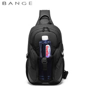 Side profile of the BANGE USB Modern Travel Backpack highlighting the built-in USB port and ergonomic shoulder straps.