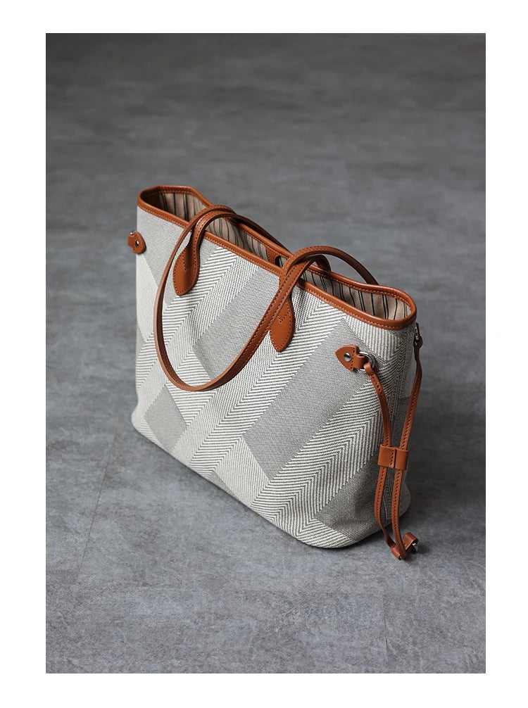 Luna Herringbone Leather-Trim Tote