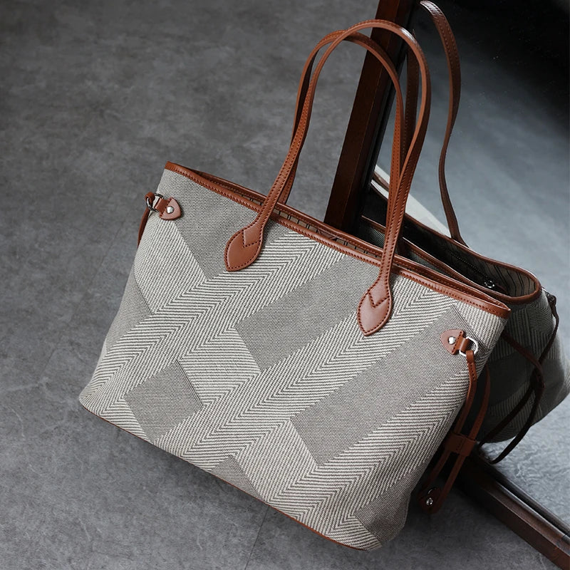 Luna Herringbone Leather-Trim Tote