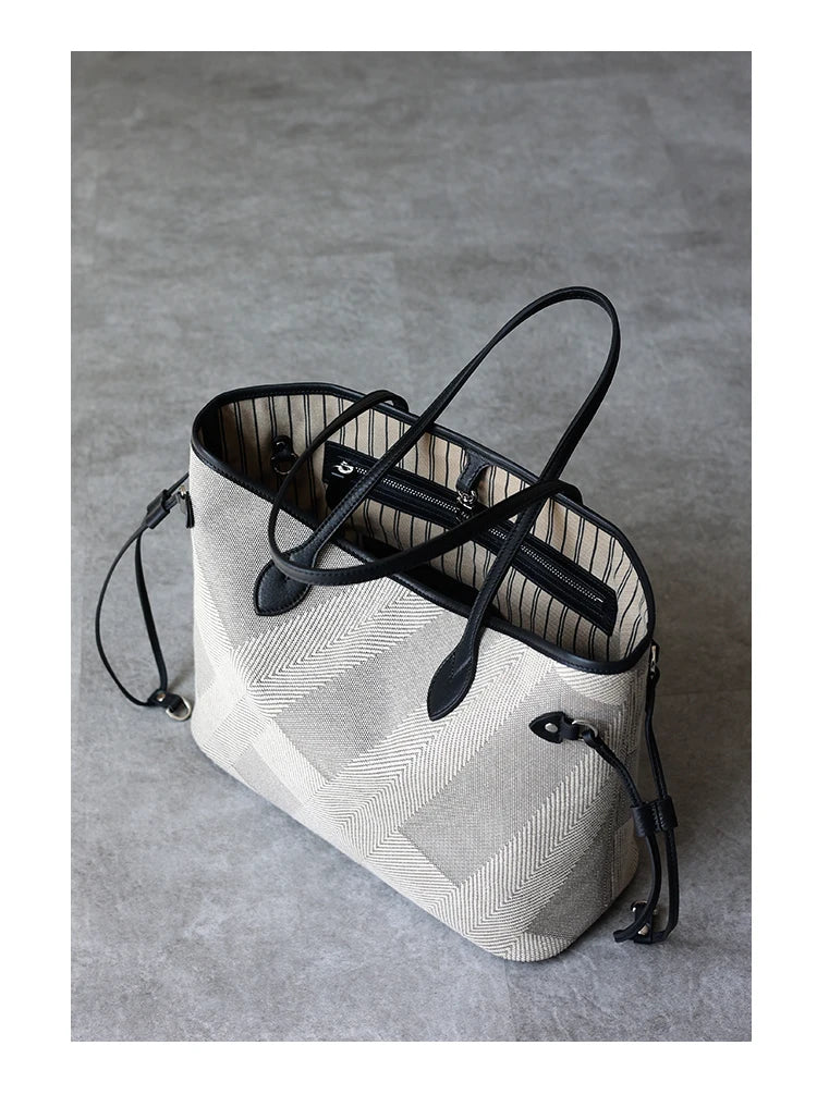 Luna Herringbone Leather-Trim Tote