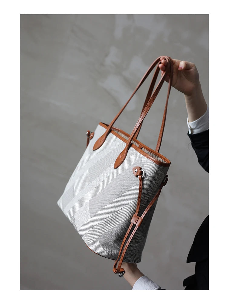 Luna Herringbone Leather-Trim Tote
