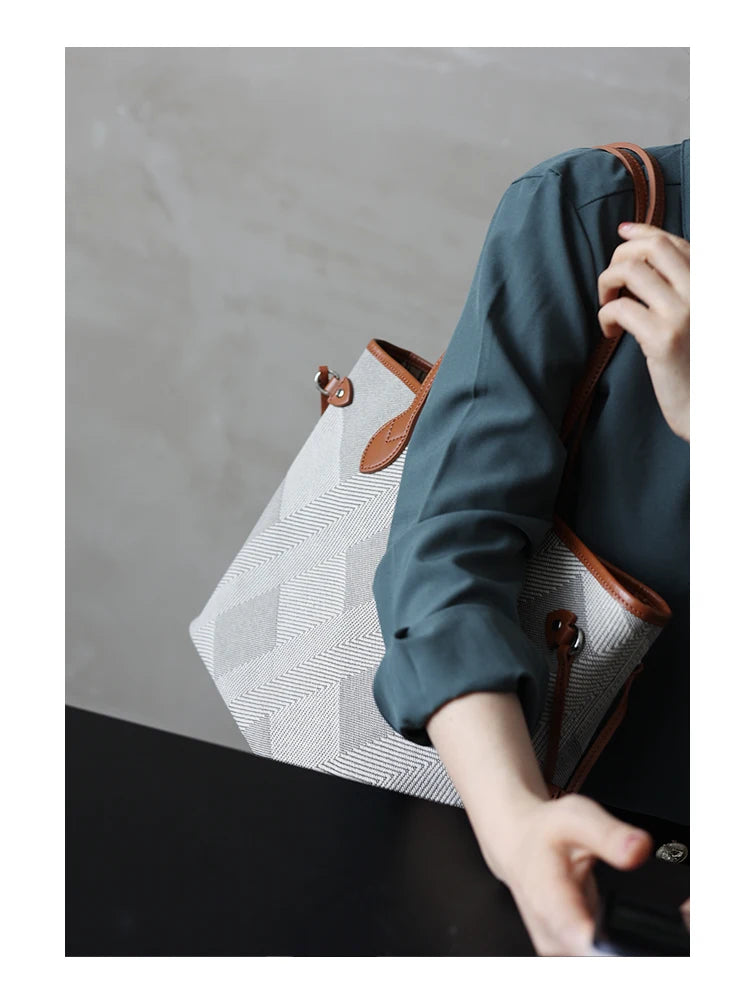 Luna Herringbone Leather-Trim Tote