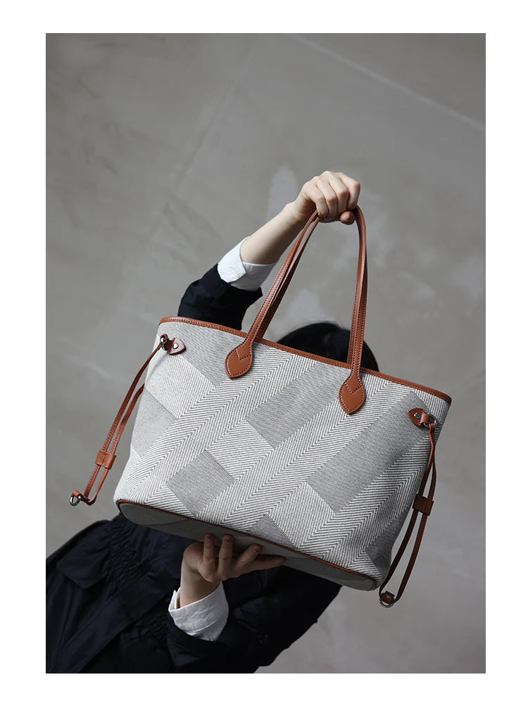 Luna Herringbone Leather-Trim Tote