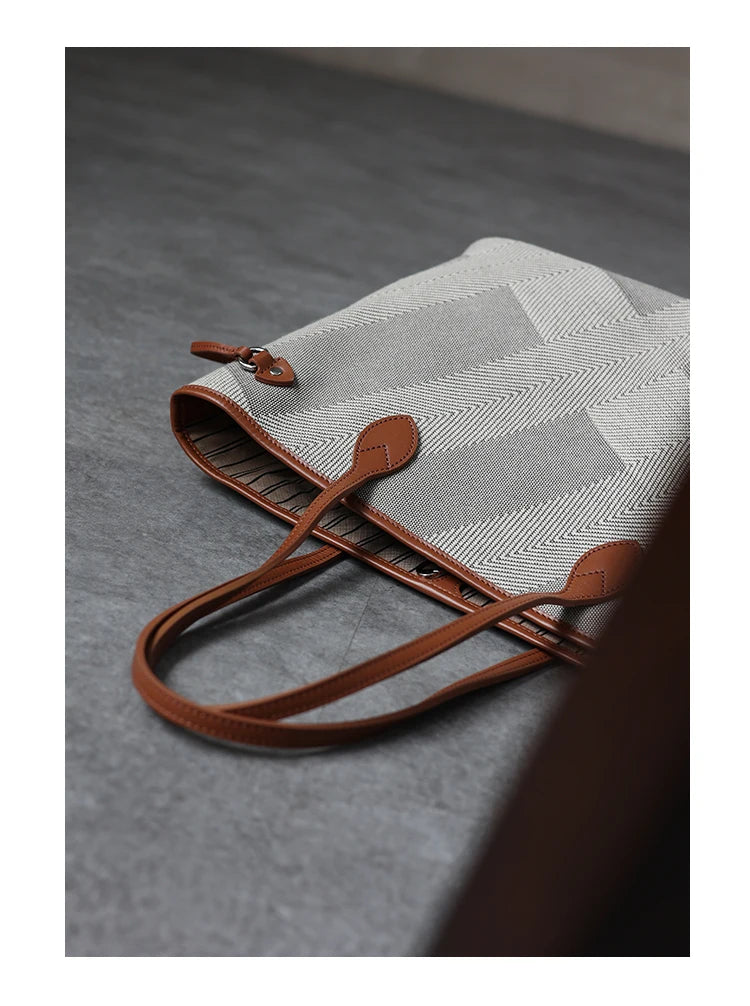 Luna Herringbone Leather-Trim Tote