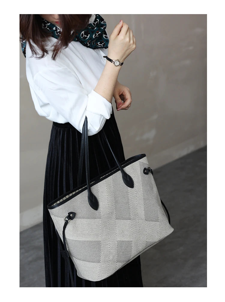 Luna Herringbone Leather-Trim Tote
