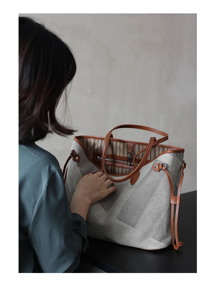 Luna Herringbone Leather-Trim Tote