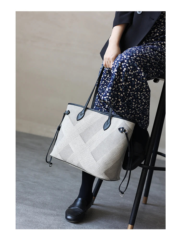 Luna Herringbone Leather-Trim Tote