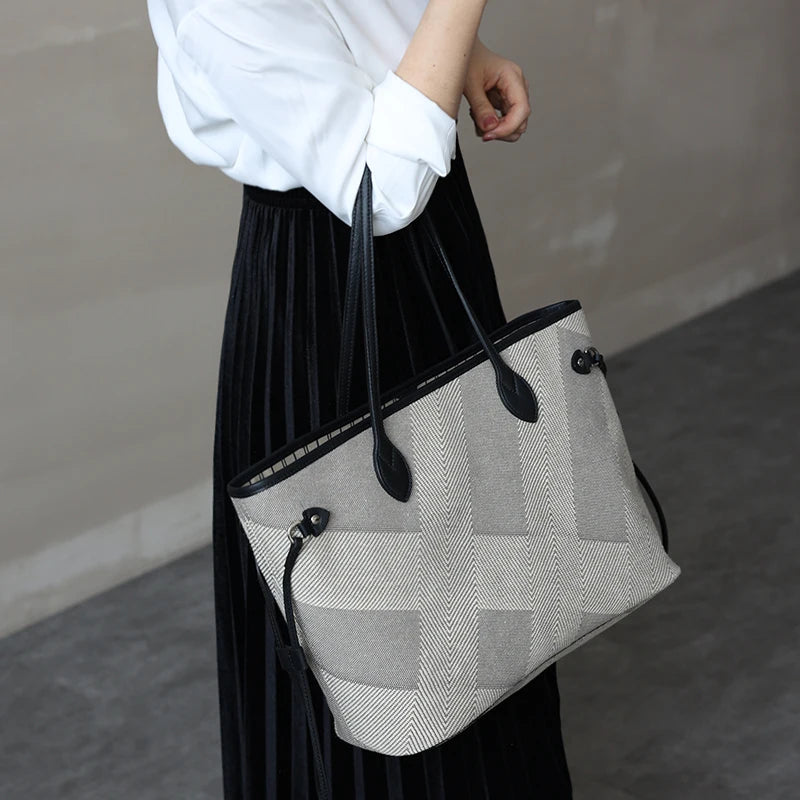 Luna Herringbone Leather-Trim Tote
