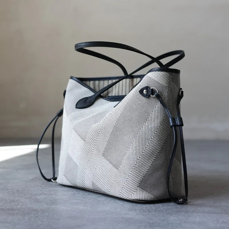 Luna Herringbone Leather-Trim Tote