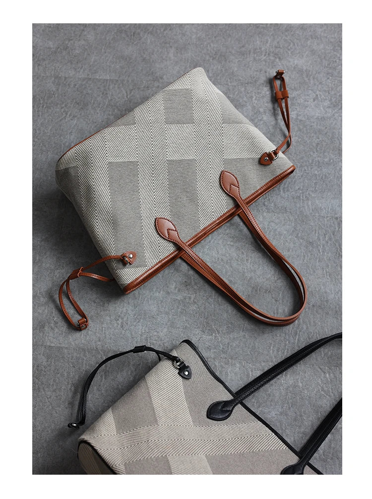 Luna Herringbone Leather-Trim Tote
