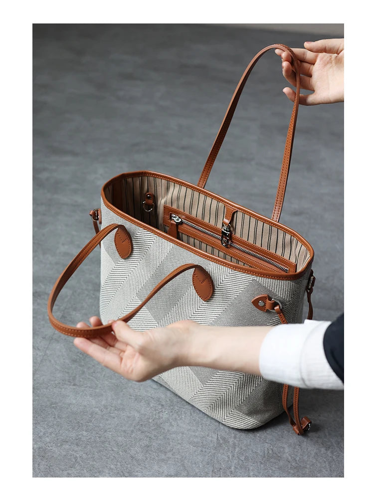 Luna Herringbone Leather-Trim Tote