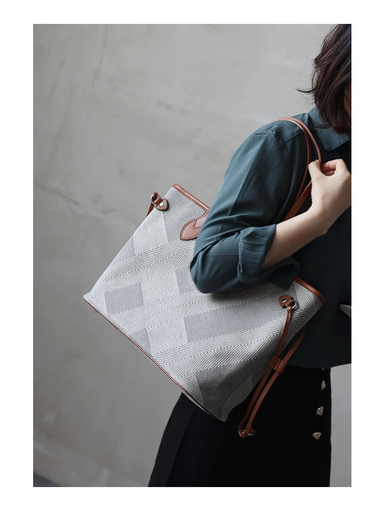 Luna Herringbone Leather-Trim Tote