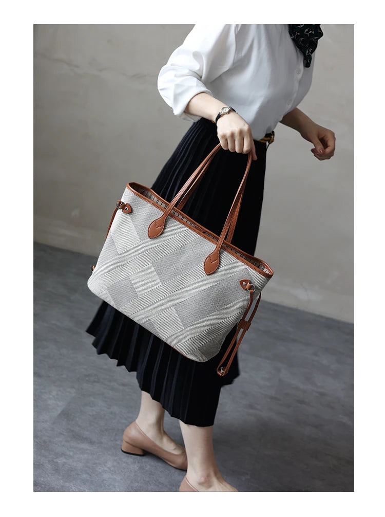 Luna Herringbone Leather-Trim Tote