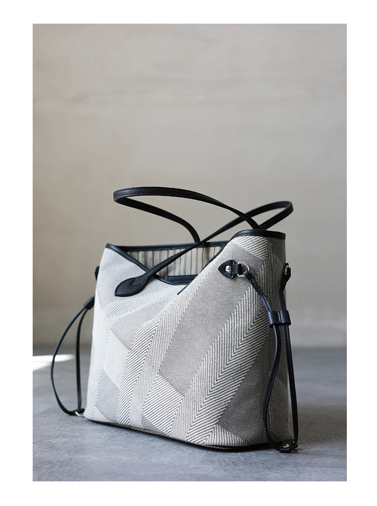 Luna Herringbone Leather-Trim Tote