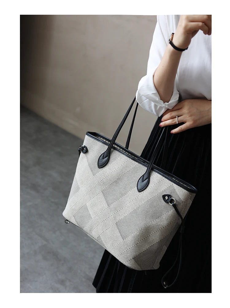 Luna Herringbone Leather-Trim Tote