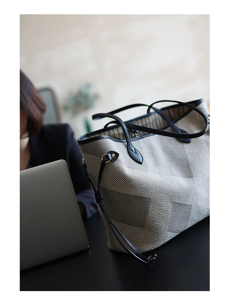 Luna Herringbone Leather-Trim Tote