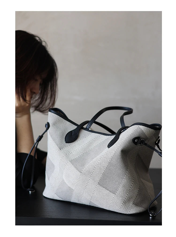 Luna Herringbone Leather-Trim Tote